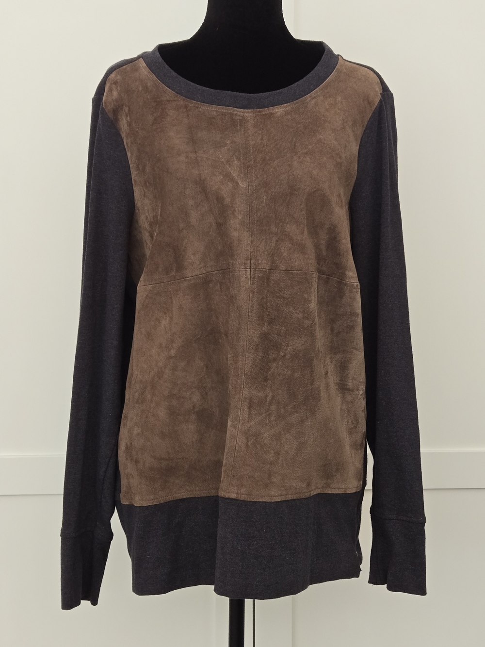 Ecru Suede Knit Panel Sweater Top Brown Gray Long Sleeve Crewneck Boho Earthy L